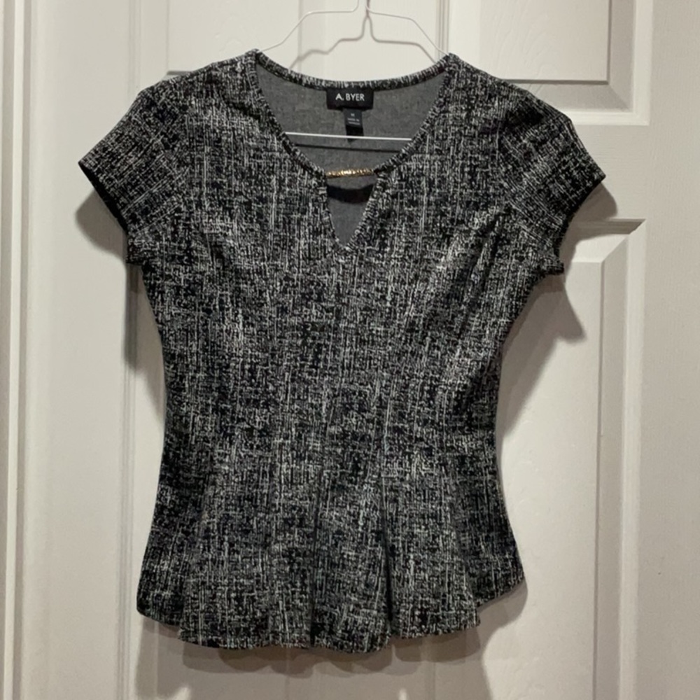 Classy A. Byer Black and White Fitted Peplum Blouse top